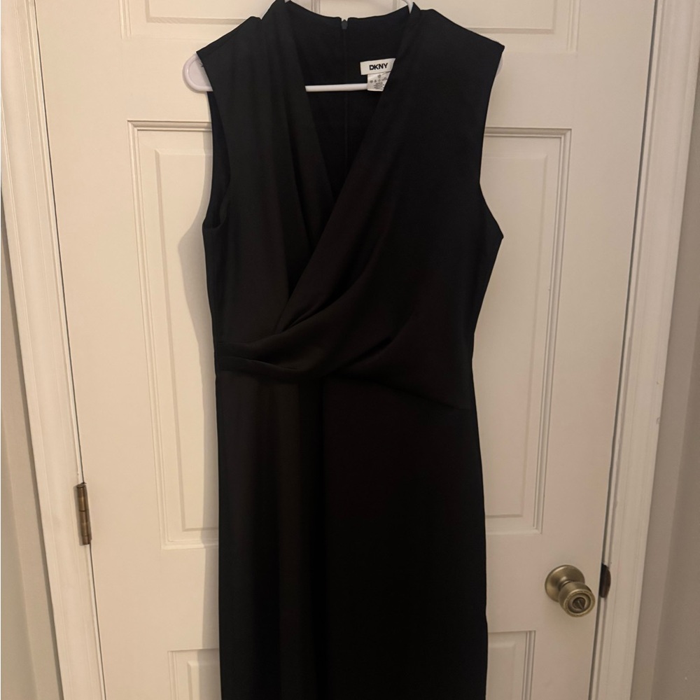 DKNY satin v neck Black midi dress size 10